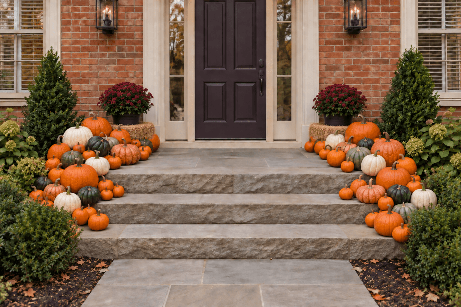 Envy design concept on the same fictional brick porch: fuller pumpkin groups along both step edges and two seasonal plants on low straw bales, with the center path clear