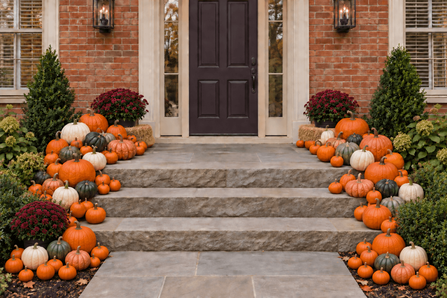 Estate design concept on the same fictional brick porch: pumpkin groups extend to the foot of the steps, with three seasonal plants and two low straw bales, leaving a clear center path