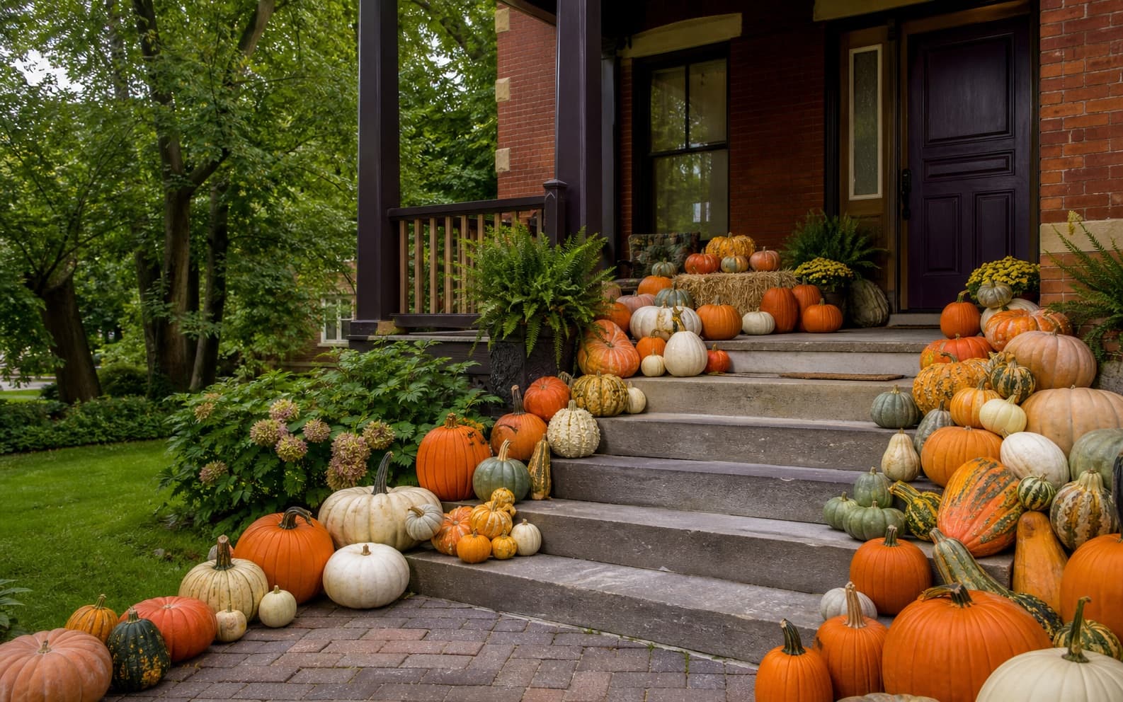 Fall porch design concept with layered heirloom pumpkins arranged across the steps of a brick Cincinnati porch