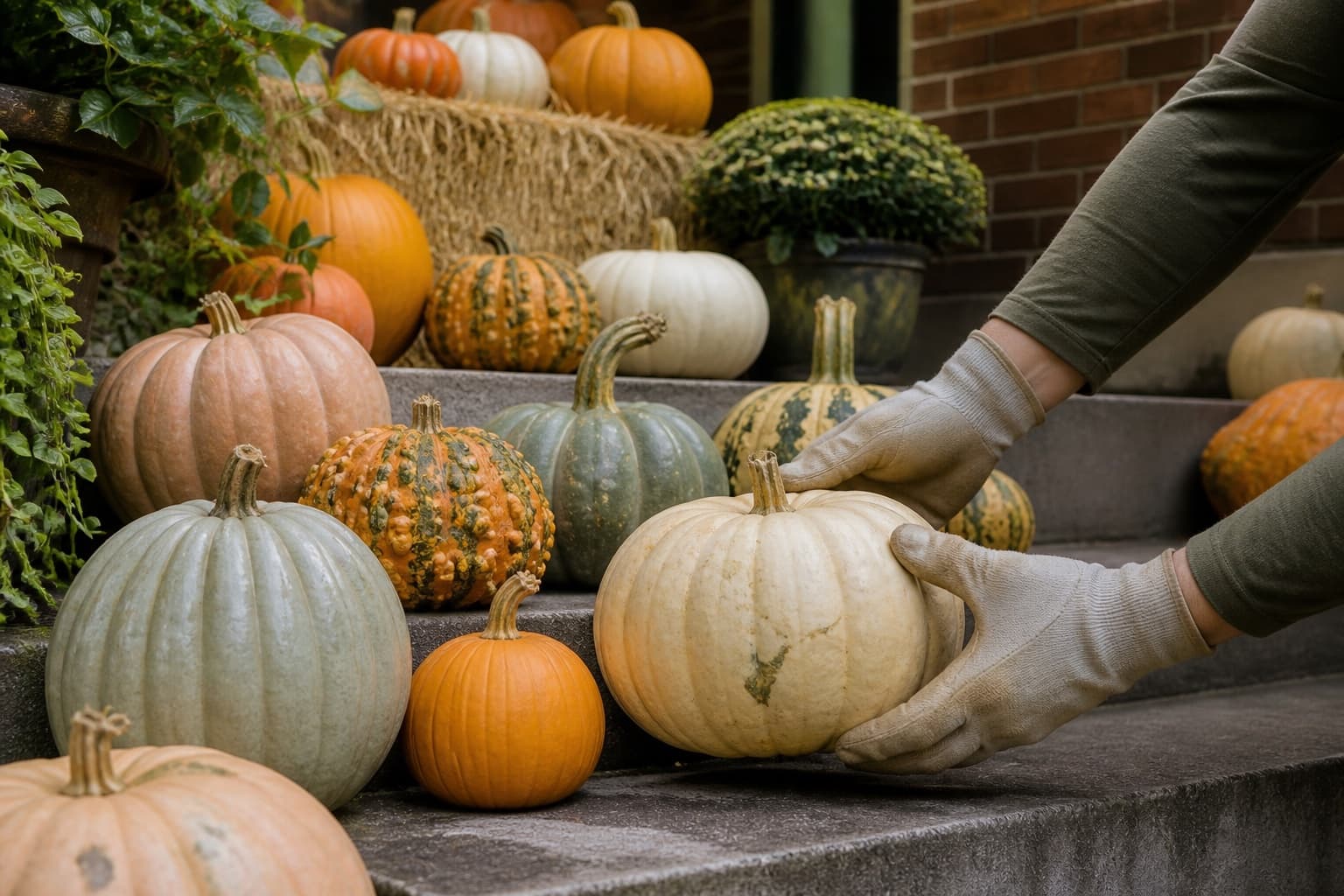 Installation process concept showing gloved hands positioning a pumpkin among a layered porch display