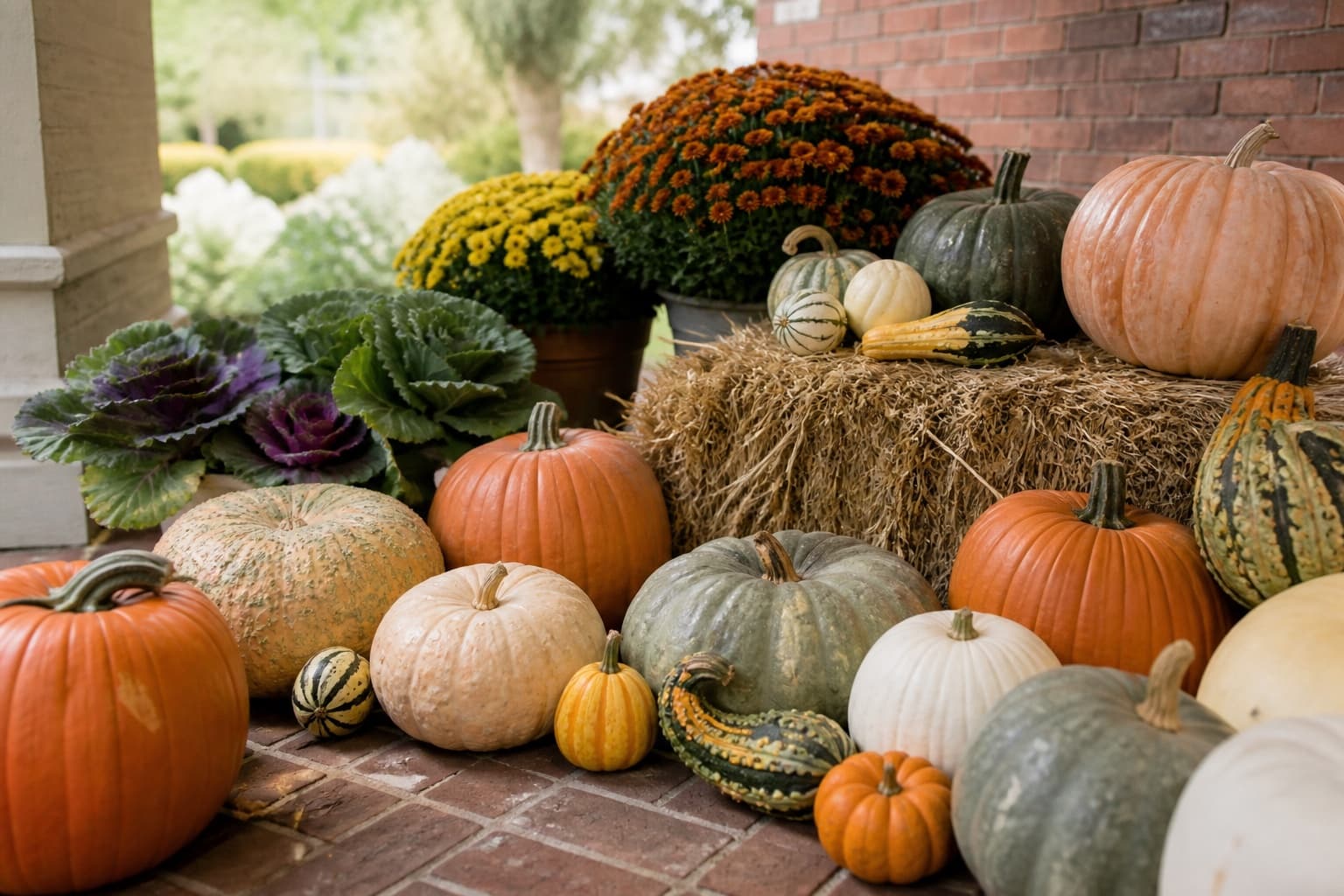 Materials study of heirloom pumpkins, gourds, hay, mums, and ornamental cabbage