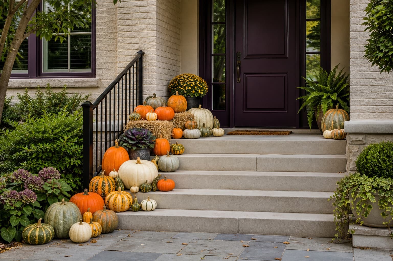 Fall porch design concept showing a restrained pumpkin arrangement on a fictional pale-stone entry