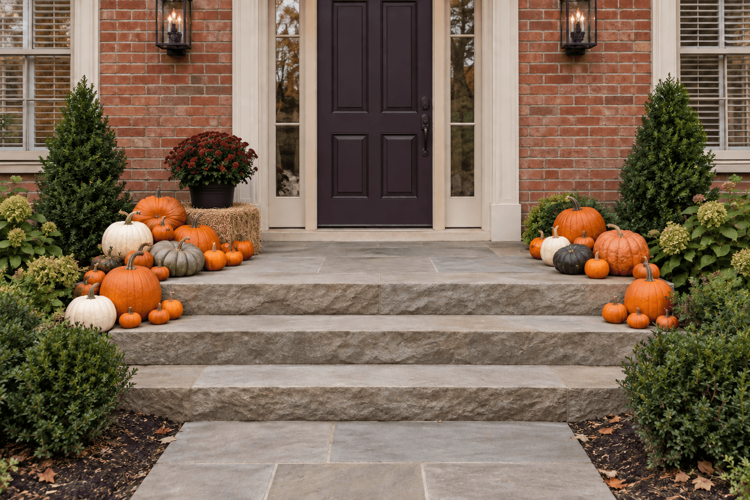 Statement design concept on a fictional brick porch: mixed pumpkins near the doorway, one seasonal plant on a low straw bale, and a clear center path