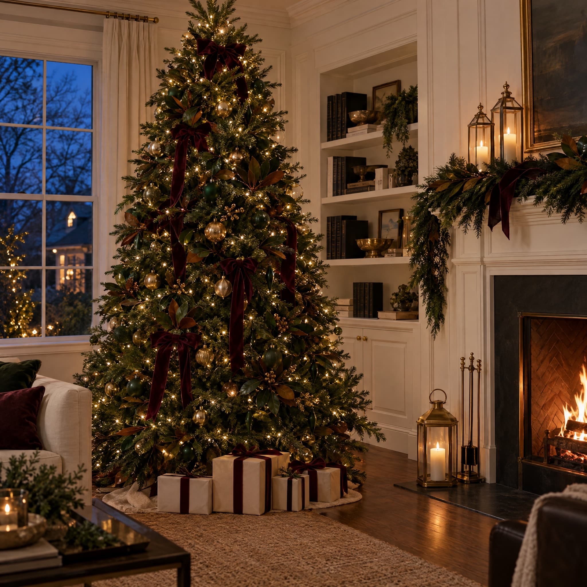 A tall Christmas tree glowing with warm lights in a white paneled living room, dressed with burgundy velvet ribbon, gold and green ornaments and magnolia leaves