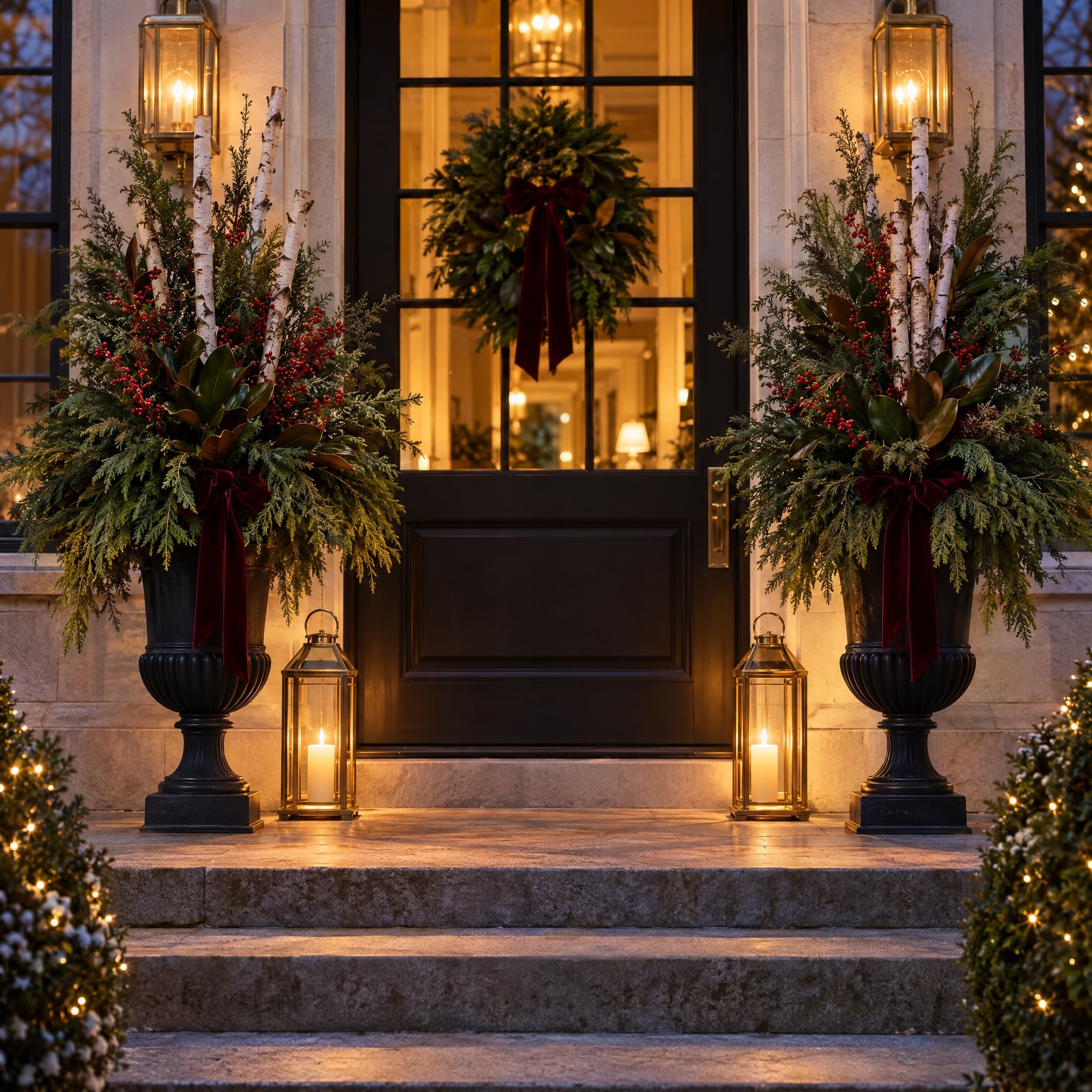 Black cast-iron urns overflowing with fir, cedar, magnolia, birch branches and red berries beside a lit front door at night