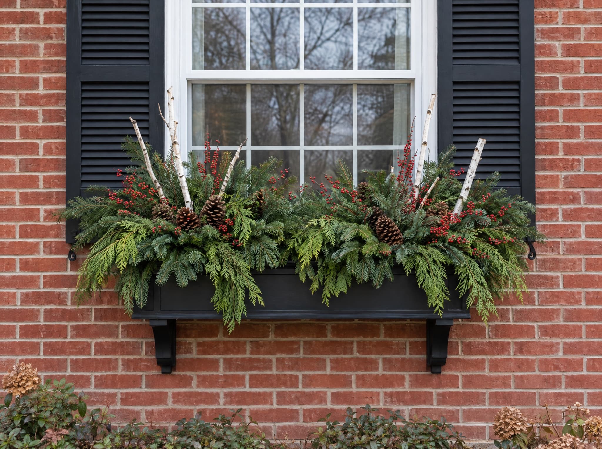 Winter greenery and berries arranged in a window box