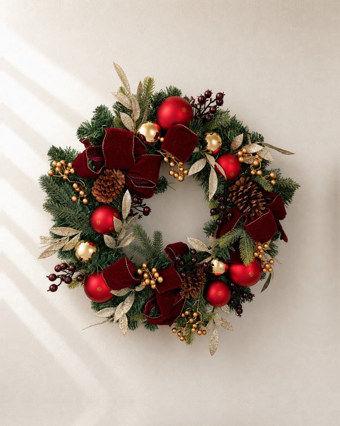 A fir and cedar wreath with burgundy velvet bows, red and gold ornaments, pinecones and gold berries, on a pale plaster wall