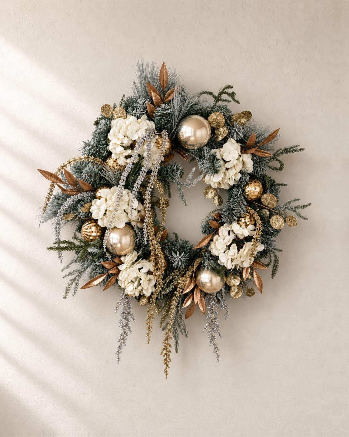 A frosted greenery wreath with ivory hydrangeas, mirrored champagne ornaments, bronze leaves and hanging bead sprays, on a pale plaster wall