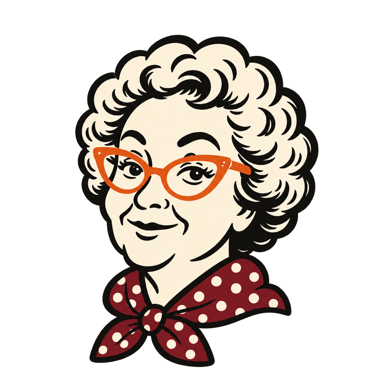 The illustrated Mother Pam brand portrait, with orange glasses and a polka-dot scarf