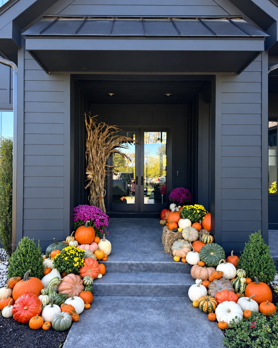 The Estate, styled by Mother Pam’s at a modern entrance in Liberty Township: pumpkins, gourds, mums, cornstalks and a straw bale fill both sides of the steps