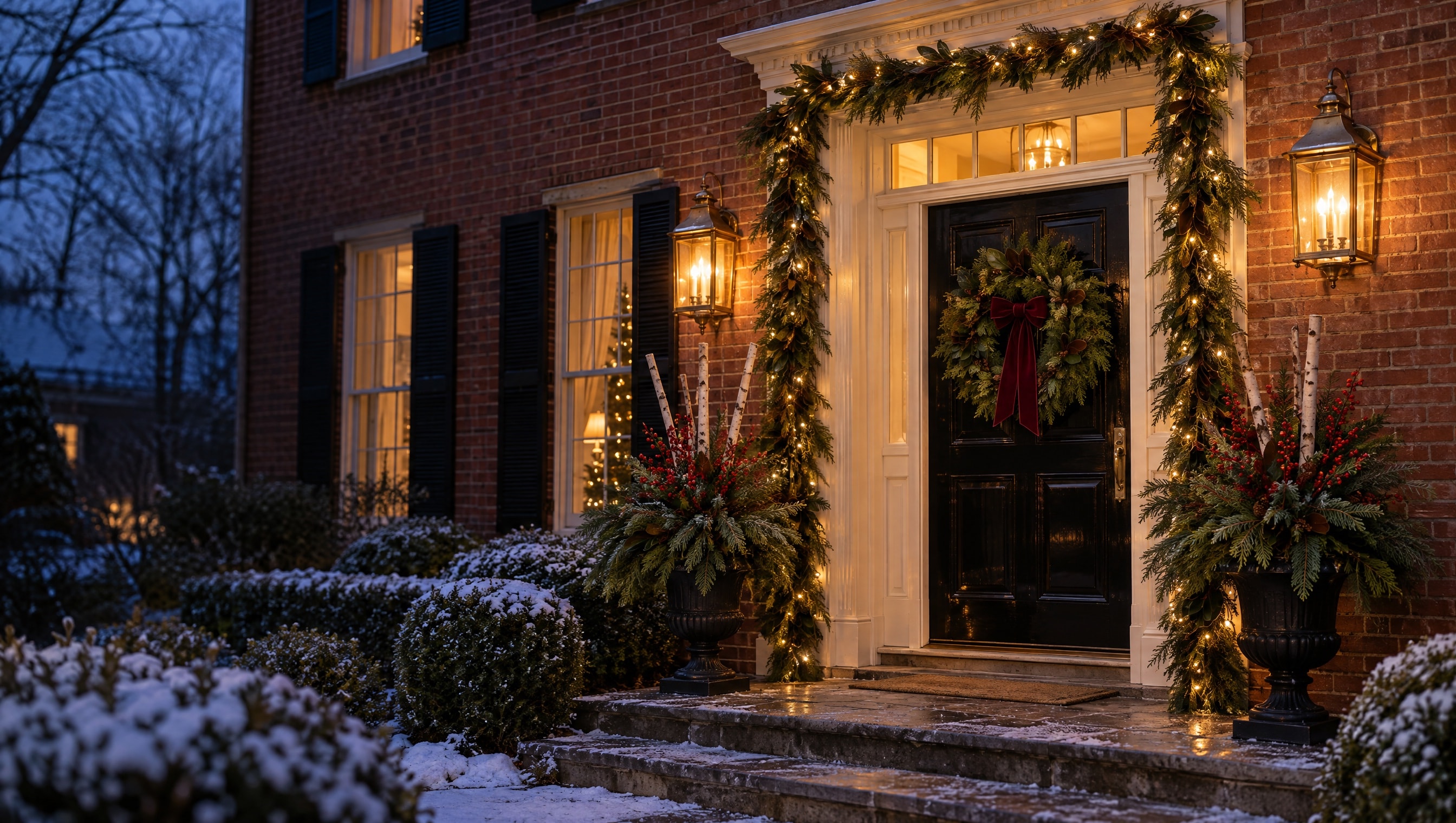A red brick colonial entrance at dusk with a black door, an evergreen wreath with a burgundy velvet bow, lit garland around the doorway, glowing brass lanterns and urns of fir and berries on the steps