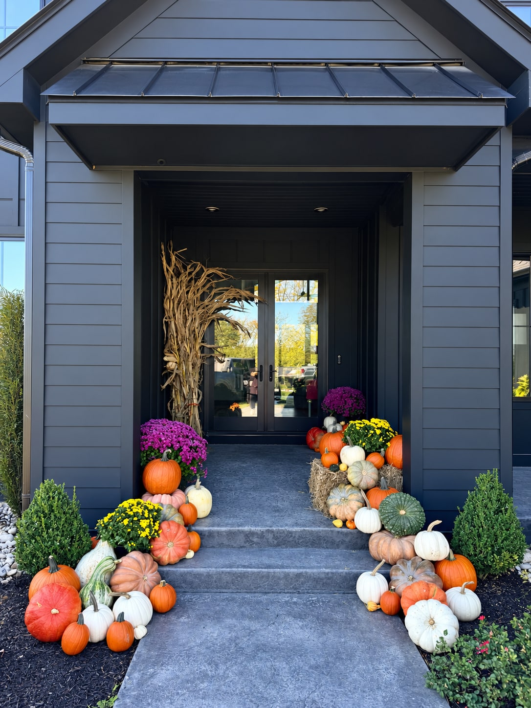 Charcoal modern entrance with glass doors, a cornstalk bundle, purple and yellow mums and a straw bale, with pumpkins stepping down both sides of the walk