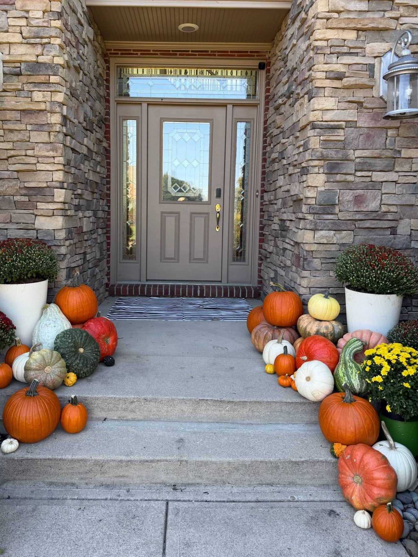 Stone entrance with red mums in white planters and pumpkins, gourds and yellow mums grouped on both sides of the steps