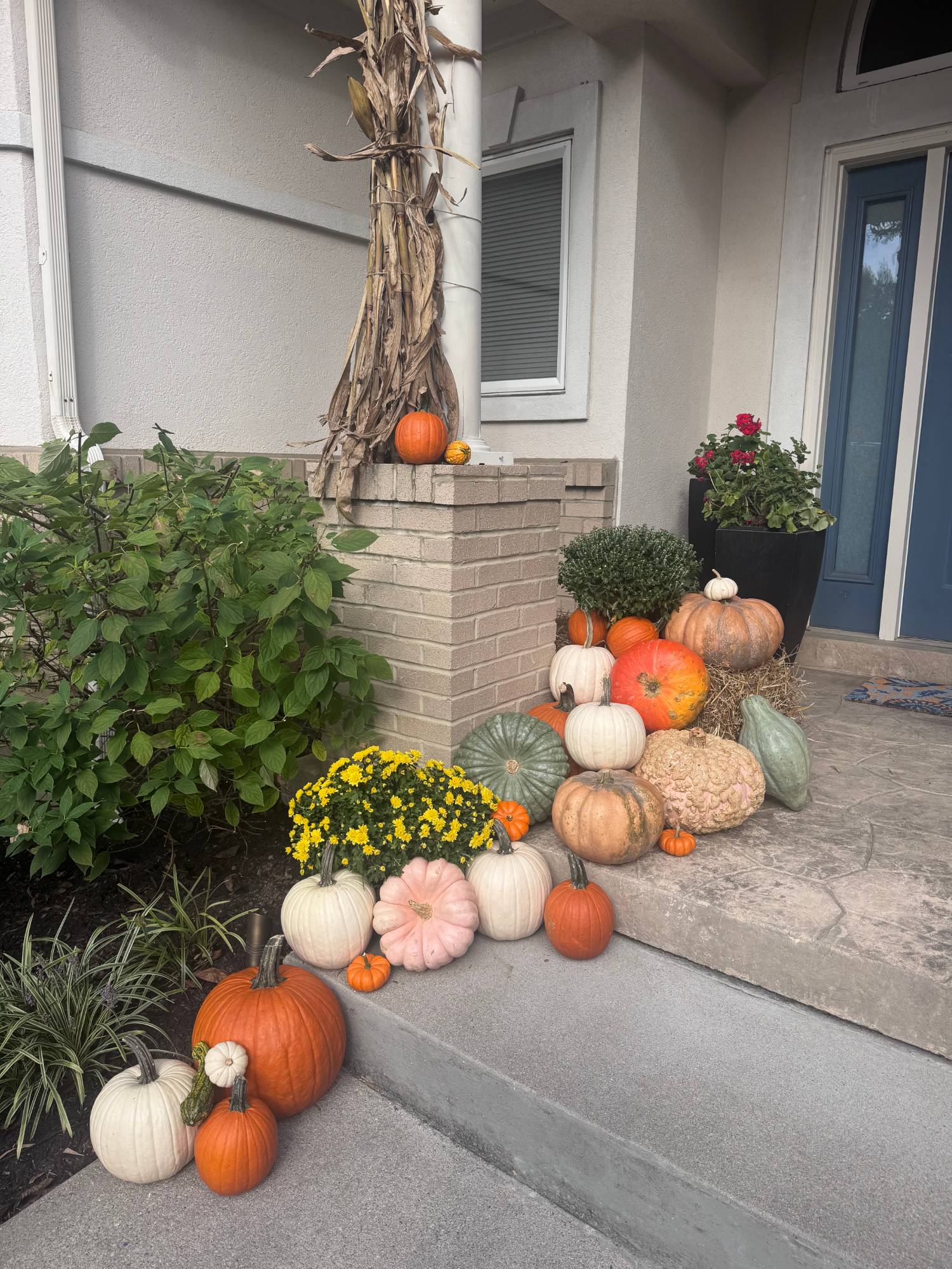 Heirloom pumpkins, white pumpkins and yellow mums stepping down beside a brick pillar tied with cornstalks