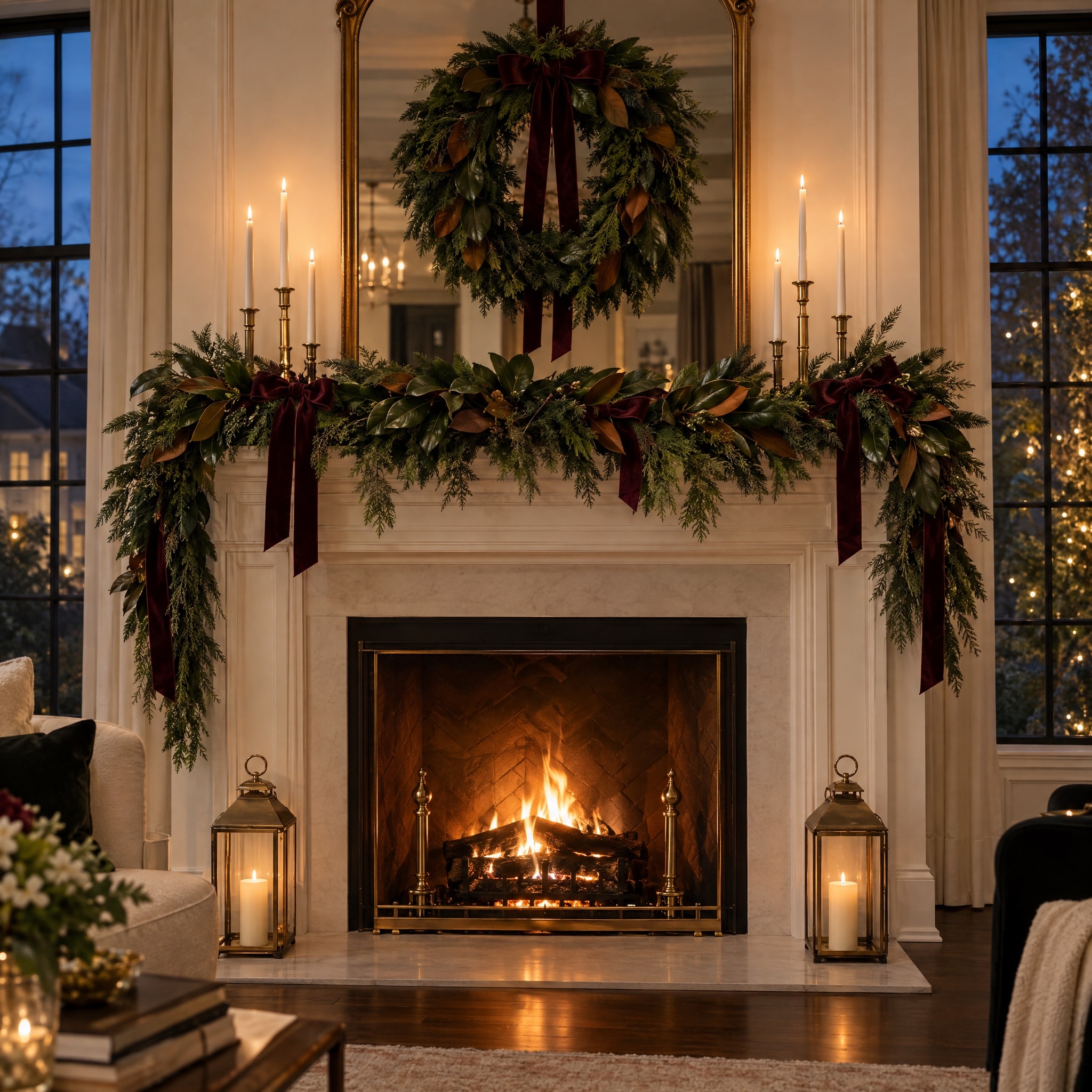 A white fireplace mantel dressed with cedar and magnolia garland, burgundy velvet ribbon and lit taper candles, with a wreath on the mirror above