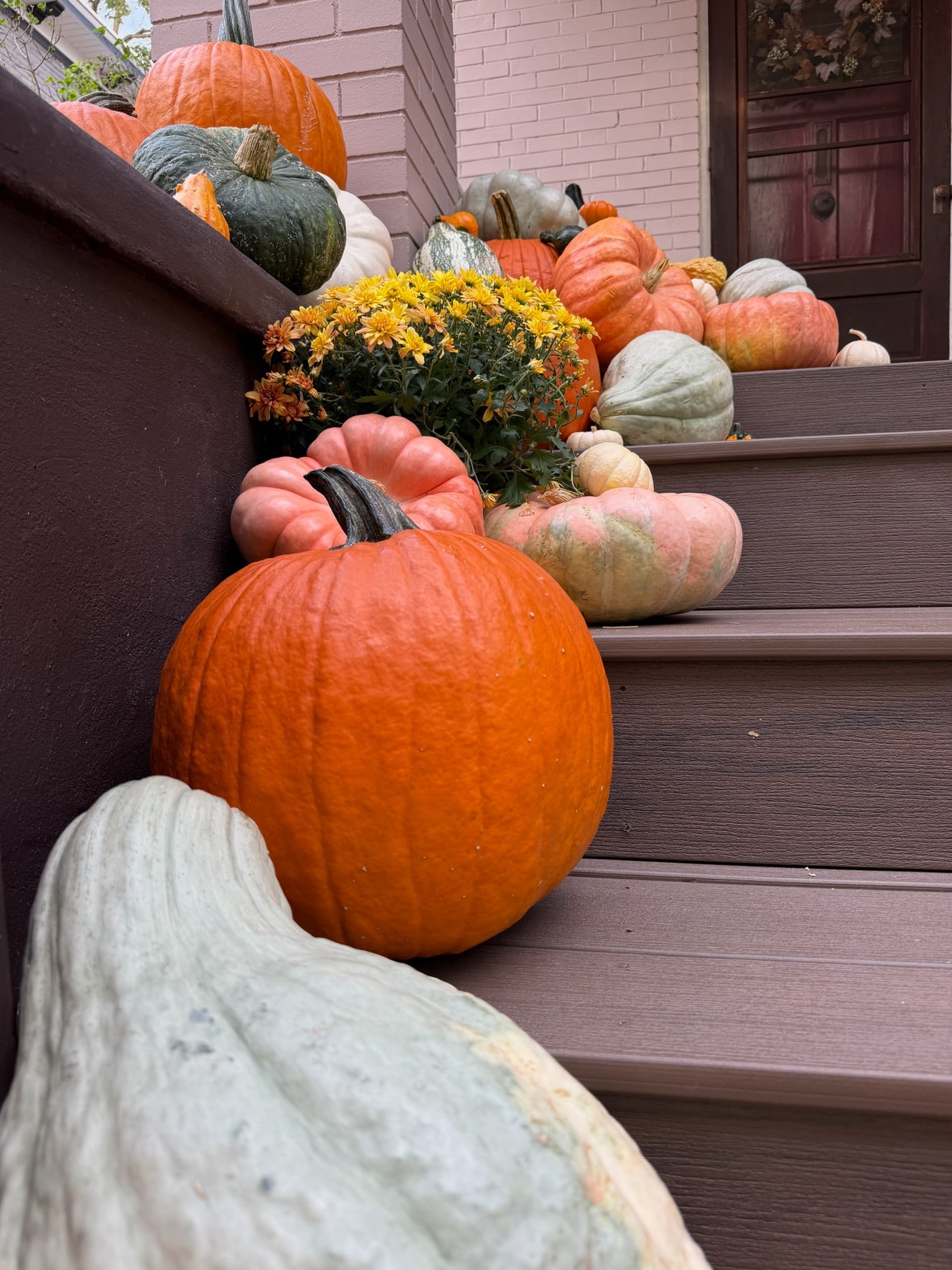 A low view of pumpkins, gourds and yellow mums along the left stair wall
