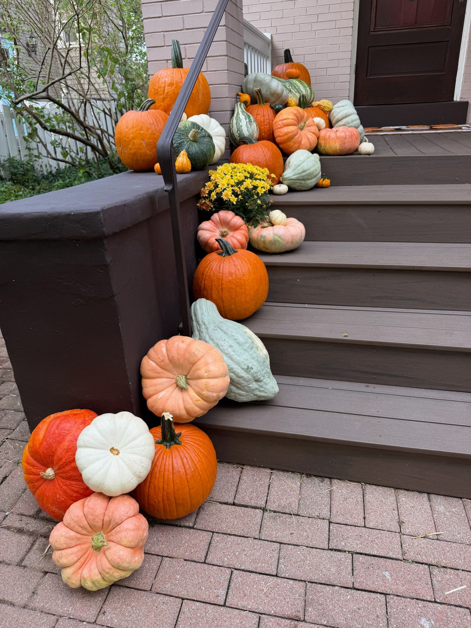 Pumpkins and yellow mums cascading down the left side of the Mount Lookout steps
