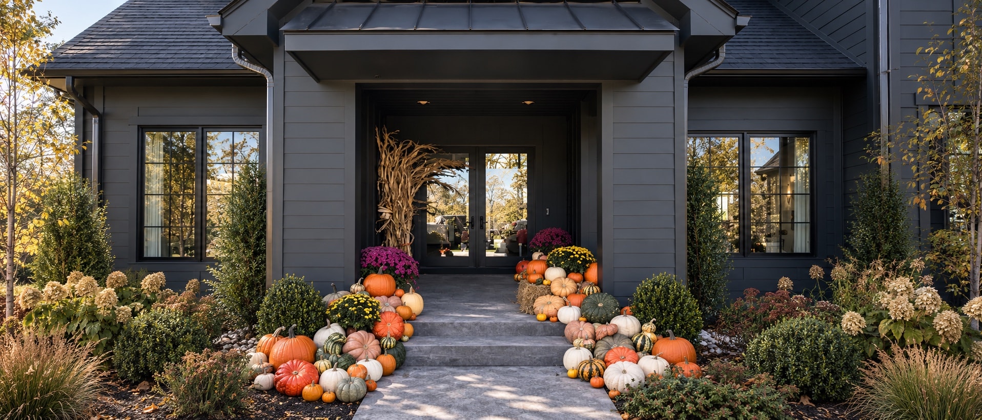 A charcoal modern entrance with glass doors and a cornstalk bundle, with pumpkins, gourds and mums lining both sides of the walk and steps