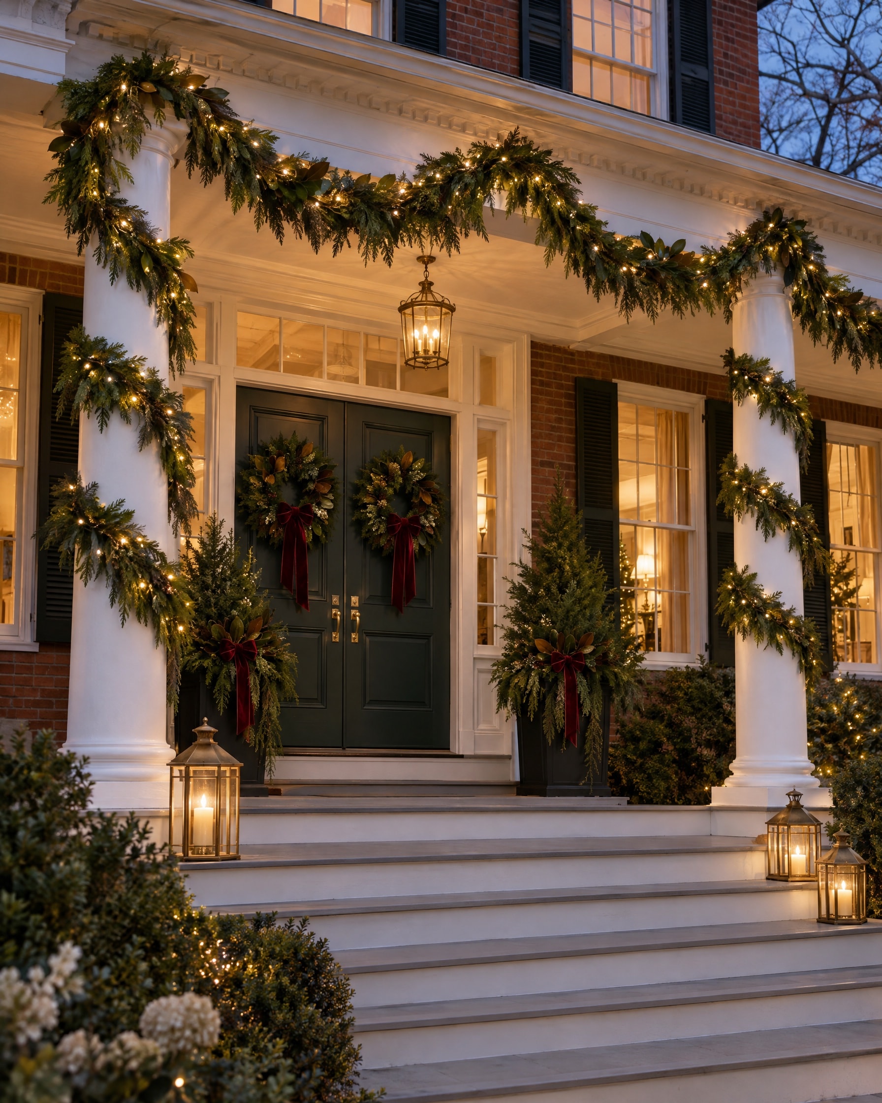A white columned porch at dusk with evergreen garland and warm lights along the beam and columns, wreaths with burgundy bows on the doors and lit lanterns on the steps