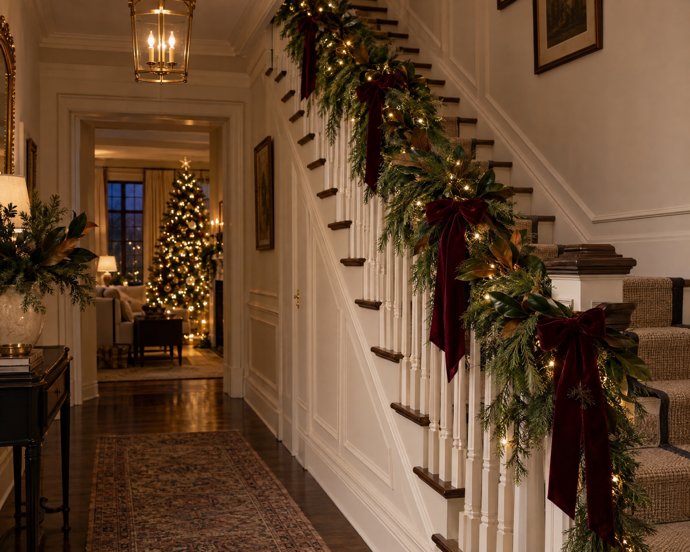 A front hall staircase with cedar and magnolia garland along the white banister, burgundy velvet bows and warm lights, with a lit Christmas tree beyond