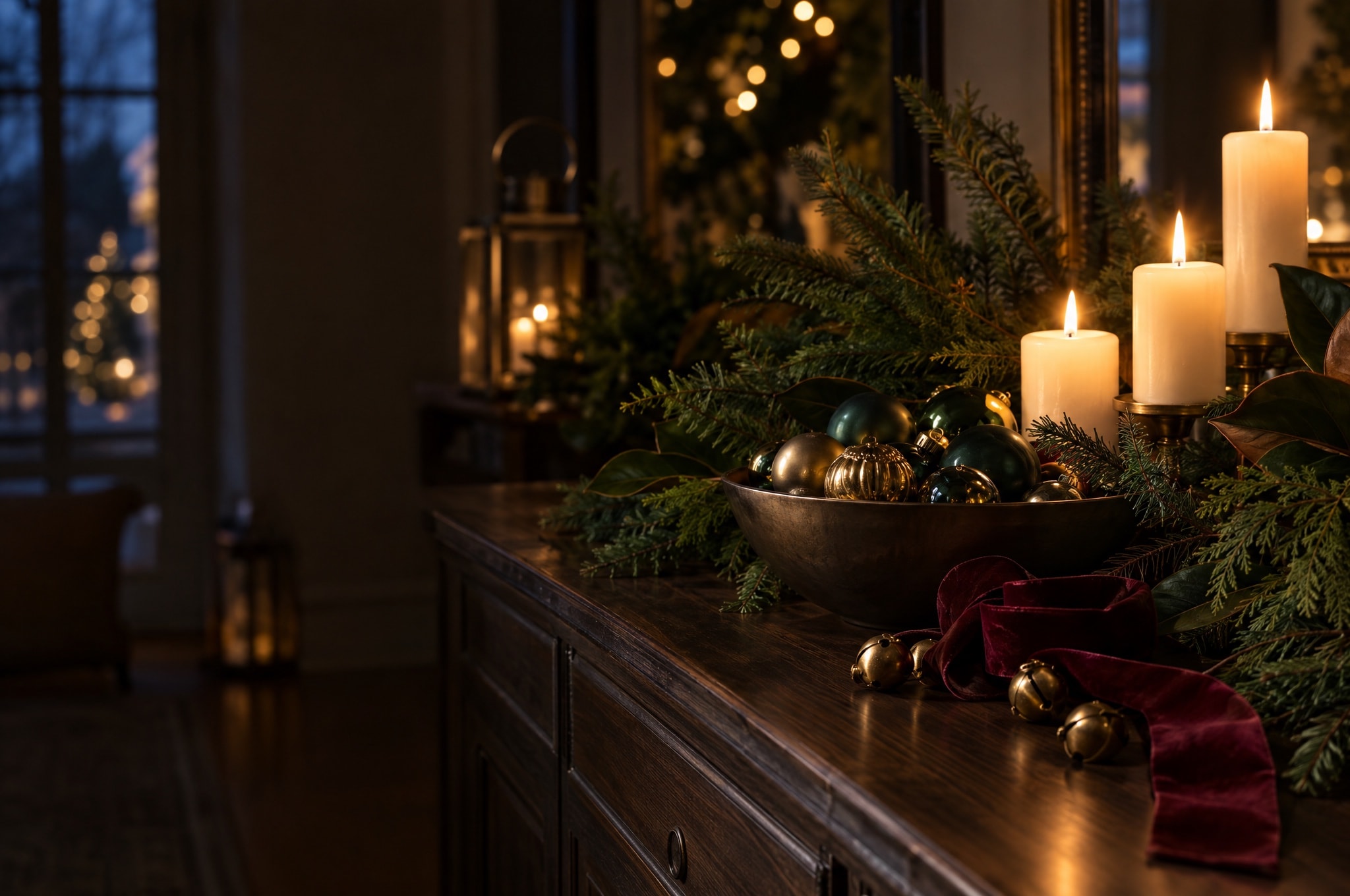 Lit cream pillar candles, a bowl of gold and green glass ornaments, fir branches and burgundy velvet ribbon on a dark wood console