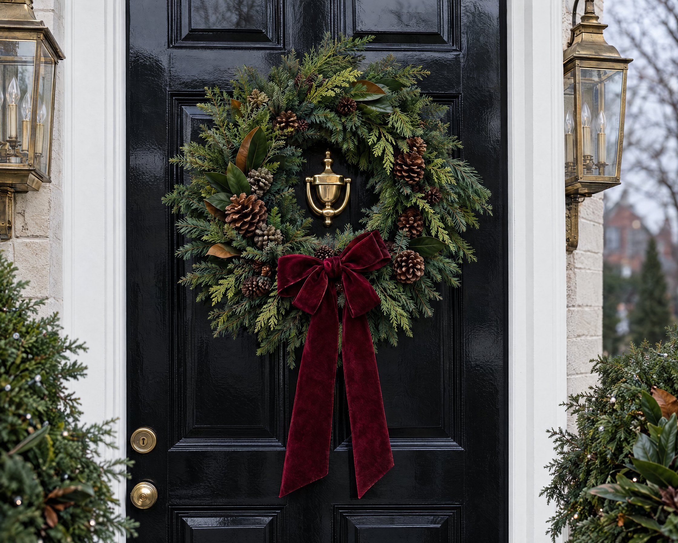 A glossy black front door in daylight with a full wreath of fir, cedar and pinecones tied with a long burgundy velvet bow, between brass lanterns
