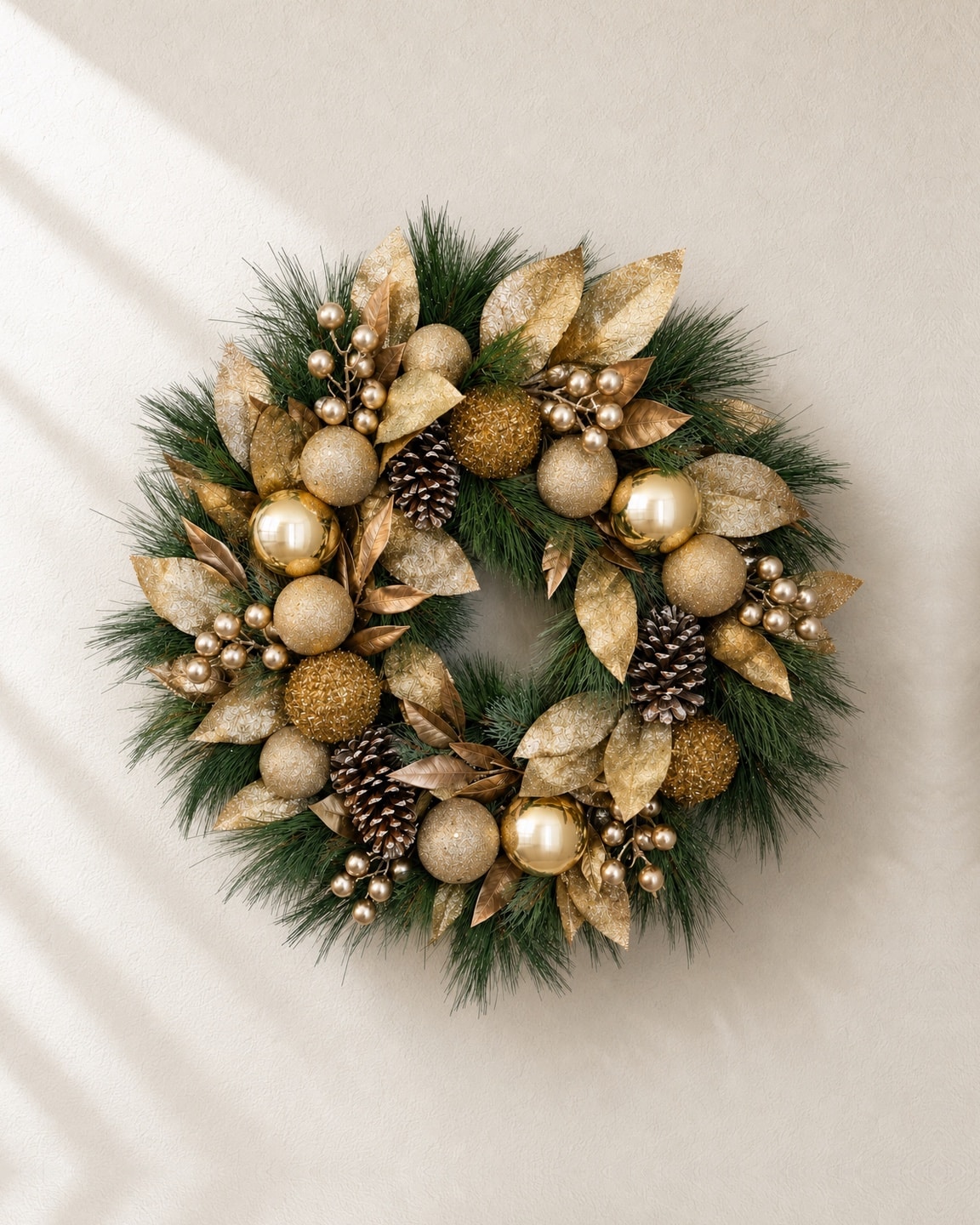 A fir wreath with gilded gold leaves, gold ornaments, pinecones and gold berries, on a pale plaster wall