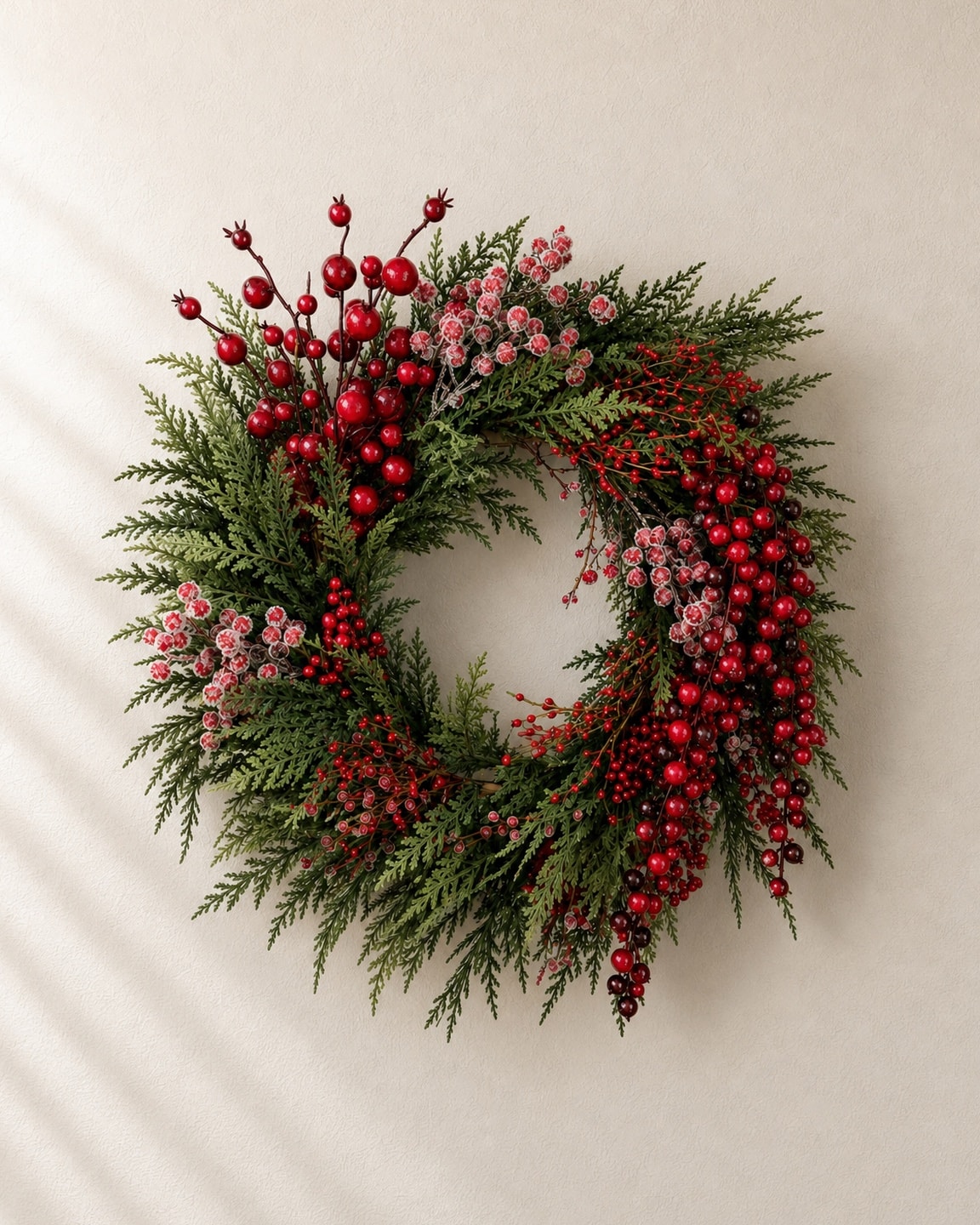 A cedar and fir wreath with cascading clusters of red berries and soft pink berries, on a pale plaster wall