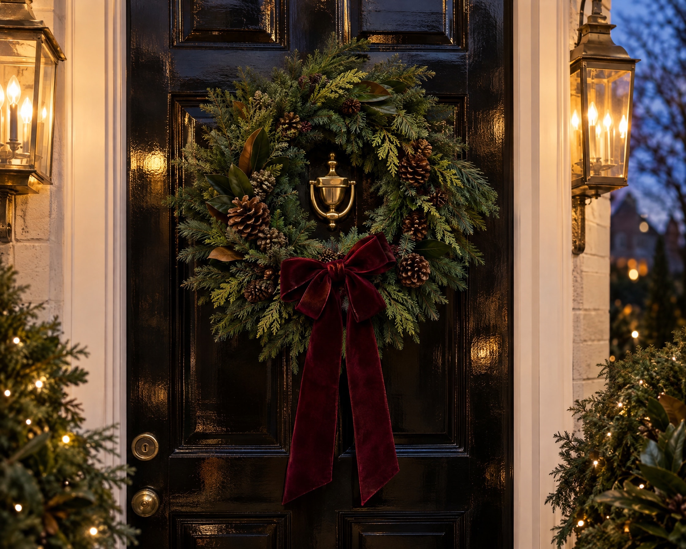 A black front door with a full evergreen wreath of fir, cedar and pinecones tied with a burgundy velvet bow, in warm lantern light at dusk
