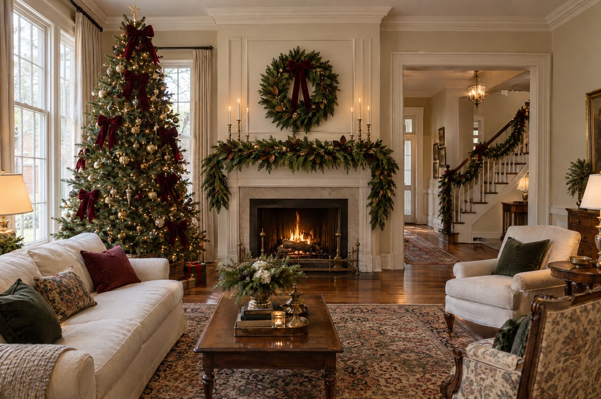 A decorated Christmas tree in a warm living room