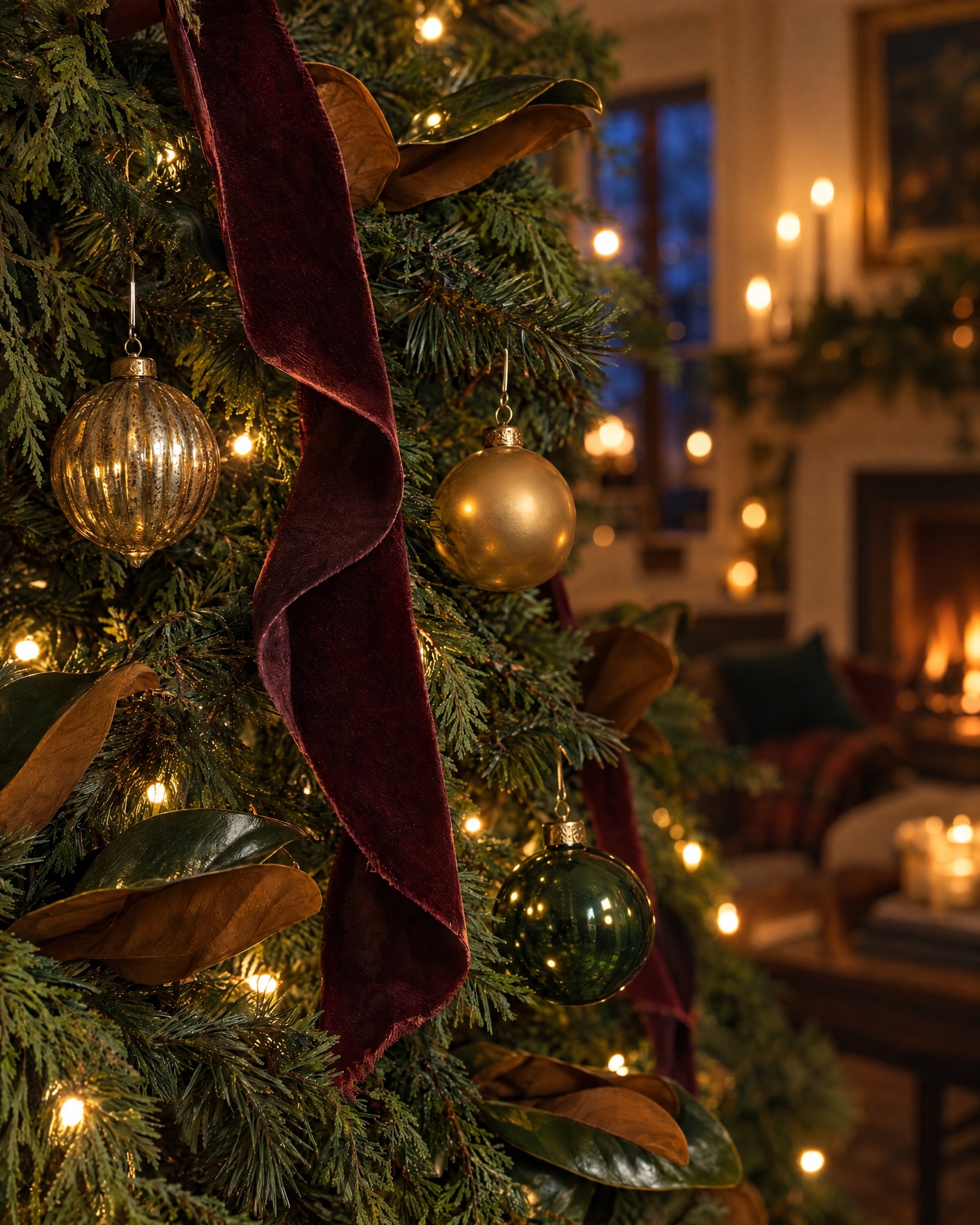 A close view into a decorated Christmas tree with a ribbed antique gold glass ornament, a satin gold ornament and a deep green glass ornament, a burgundy velvet ribbon tail twisting down through the branches, tucked magnolia leaves and a firelit room softly out of focus behind.
