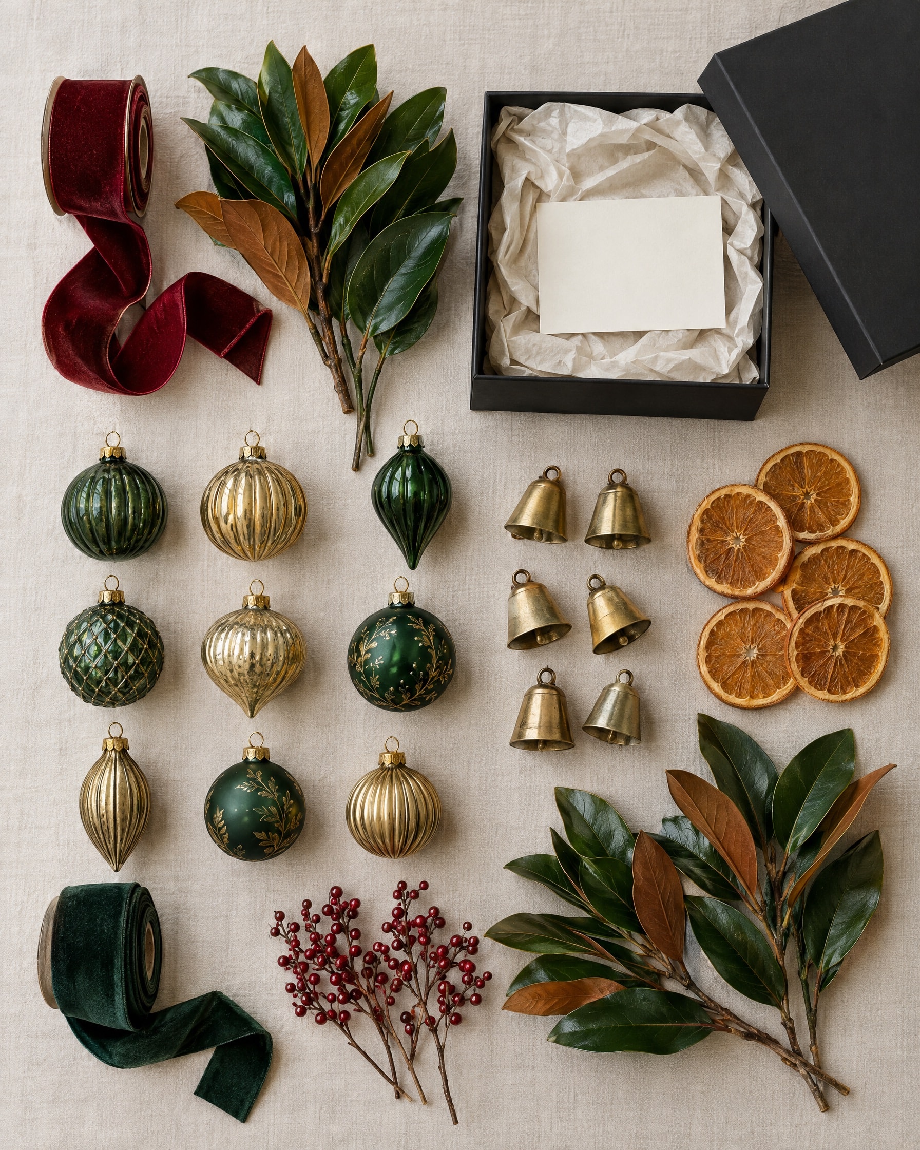 Burgundy and green velvet ribbon, gold and green glass ornaments, brass bells, magnolia stems, red berries and dried orange slices laid out on linen beside a black box