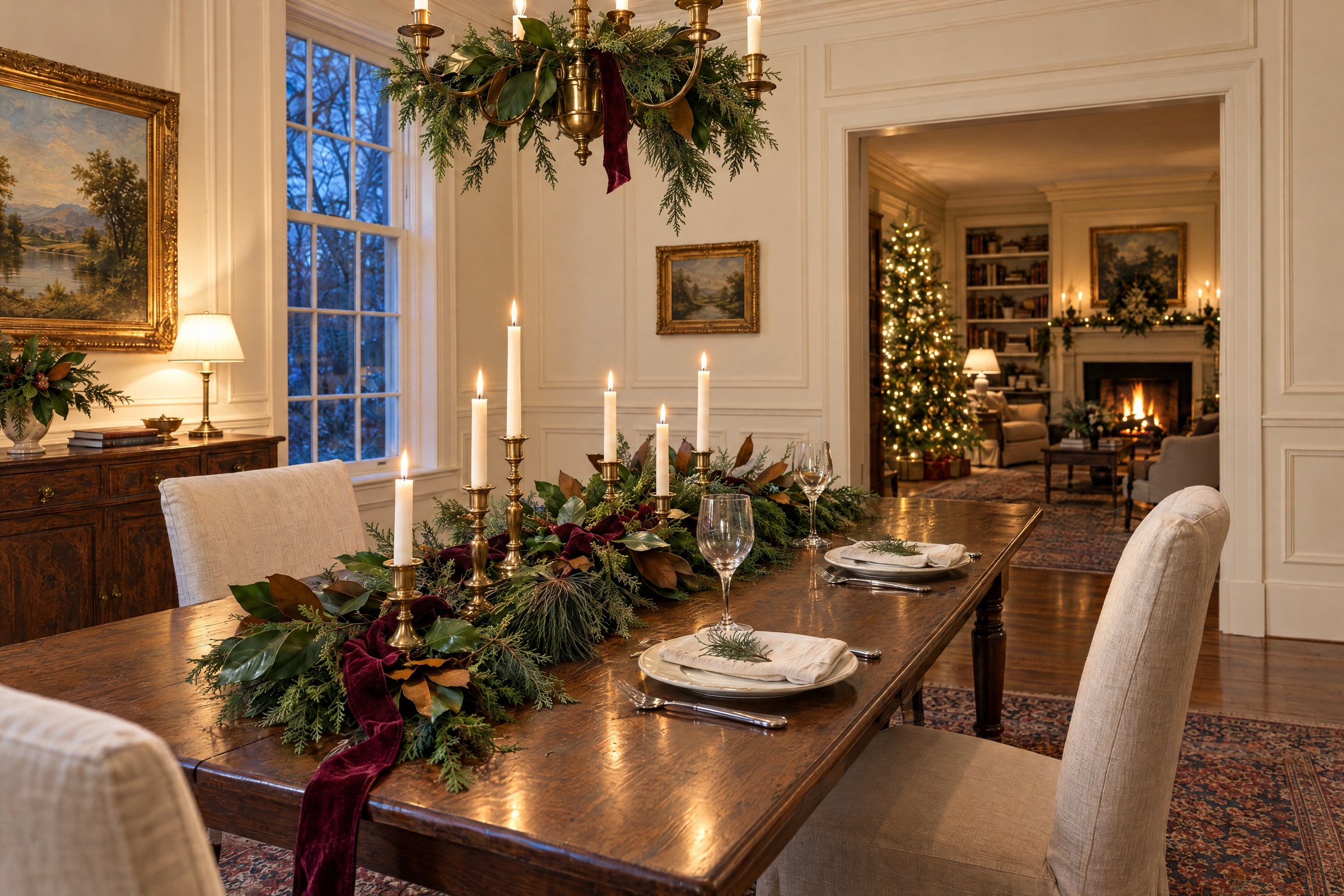 A dining table in the evening with a full runner of cedar, magnolia and pine, brass candlesticks with lit tapers, a burgundy velvet ribbon trailing over the edge and two simple place settings, under a brass chandelier wrapped in greenery, with a lit tree and fire visible in the next room.