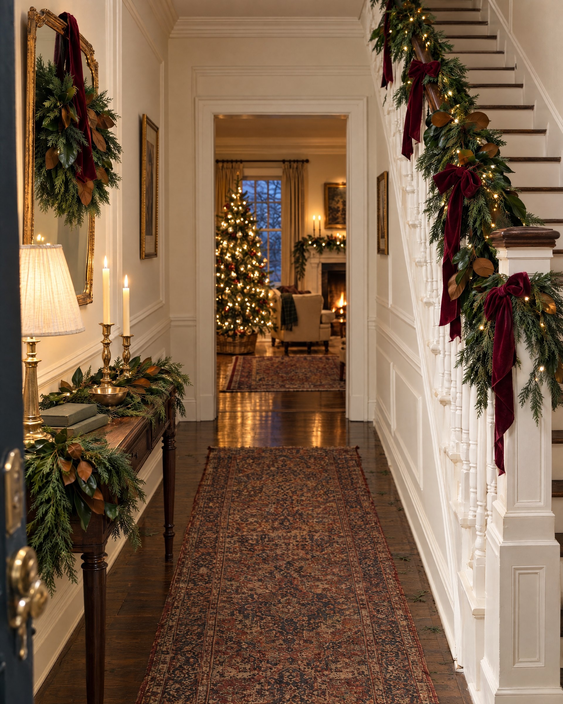 A front hall in the evening with cedar and magnolia garland and burgundy velvet bows on the staircase handrail, a console table with greenery, a brass lamp and lit taper candles, a wreath hung on the gilt mirror, and a lit tree glowing in the room at the end of the hall.