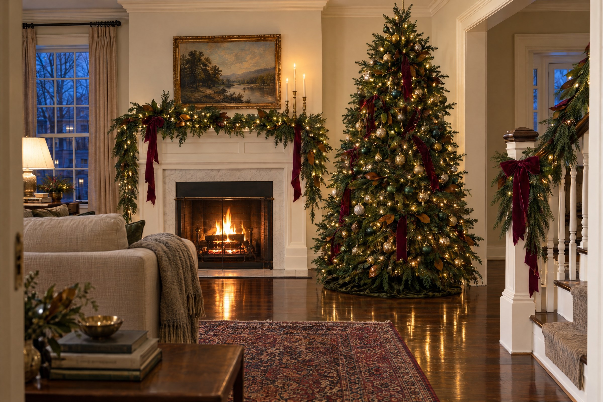 A living room at dusk with a fire lit beneath a mantel draped in cedar and magnolia garland with burgundy velvet ribbon and brass candlesticks, a tall tree decorated with gold and green glass ornaments and velvet ribbon, and the staircase garland and bow just through the doorway.