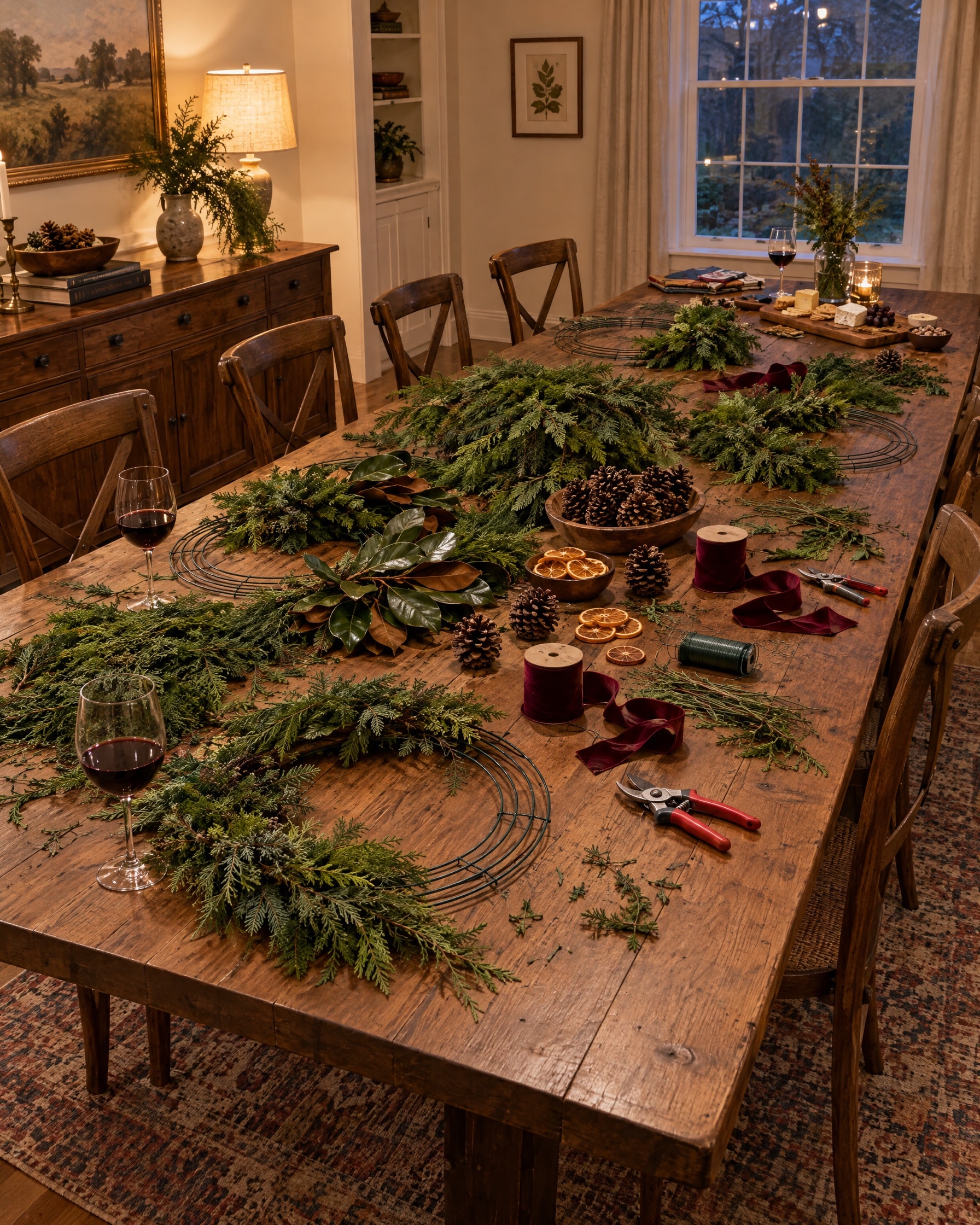 A long farmhouse table covered in fresh cedar and fir, magnolia leaves, wreath rings, pinecones, dried orange slices, spools of burgundy velvet ribbon and pruners, in a lamplit dining room at dusk