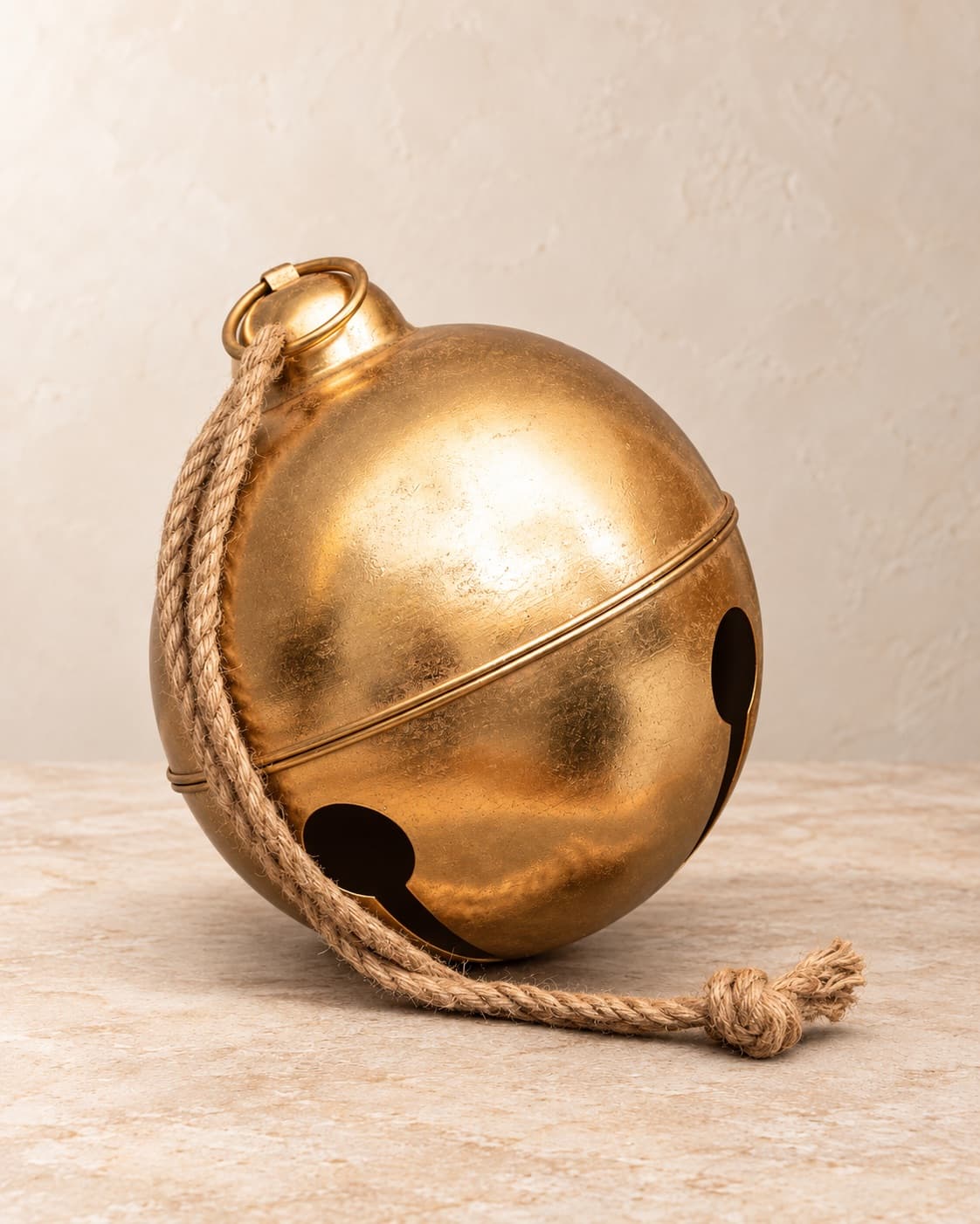 A 16-inch gold jingle bell with a jute rope tie on a pale stone floor