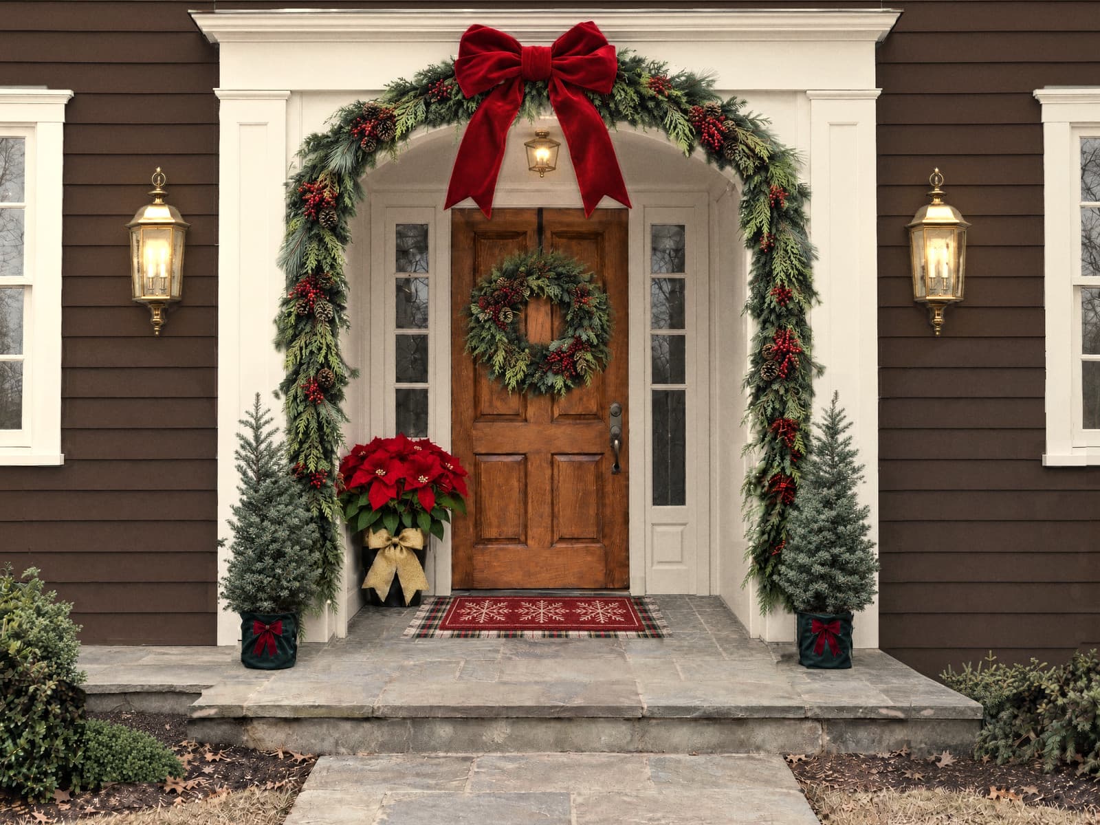 A brown house with lit brass lanterns and a white arched entry framed in fresh evergreen garland with red berries and a red velvet bow, a wreath on the wood front door, a red poinsettia with a gold bow, a welcome mat and two little trees in green wraps with red bows